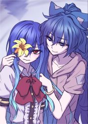 Rule 34 | 2girls, bangle, blouse, blue background, blue bow, blue eyes, blue hair, bow, bowtie, bracelet, closed mouth, collarbone, commentary request, debt, drawstring, flower, frilled shirt, frills, grey hoodie, hair between eyes, hair bow, hinanawi tenshi, holding, holding flower, hood, hoodie, jewelry, lily (flower), long hair, looking at another, looking at viewer, miata (miata8674), multiple girls, no headwear, one eye covered, puffy short sleeves, puffy sleeves, red bow, red eyes, red neckwear, ripples, shirt, short sleeves, sidelocks, smile, touhou, very long hair, white shirt, yellow flower, yorigami shion