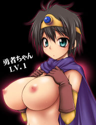 Rule 34 | 1girl, aqua eyes, bad id, bad pixiv id, black hair, blush, breast suppress, breasts, brown hair, cape, chunsoft, cloak, crown, dragon quest, dragon quest iii, elbow gloves, embarrassed, enix, female focus, gem, gloves, glowing, huge breasts, looking at viewer, looking back, naked cape, navel, nipples, nude, onizuka takuto, profile, puffy nipples, roto (dq3), short hair, simple background, solo, sweat, topless frame, upper body