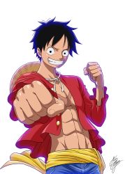 Rule 34 | 1boy, abs, backlighting, bare pectorals, black eyes, black hair, clenched hands, grin, hat, hat on back, male focus, marco albiero, monkey d. luffy, one piece, open clothes, open shirt, pectorals, scar, scar on chest, signature, smile, solo, straw hat, upper body