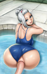 Rule 34 | 1girl, abyssdagon, anal, ass, bent over, blue eyes, clothing aside, fairy tail, looking at viewer, looking back, mirajane strauss, one-piece swimsuit, open mouth, pool, pov, sex, smile, swimsuit, swimsuit aside, tagme, uncensored, white hair