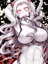 Rule 34 | 10s, 1girl, abyssal ship, airfield princess, albino, arm up, armpits, crop top, glowing, glowing eyes, grin, horns, kantai collection, long hair, looking at viewer, miyoshi (triple luck), navel, outstretched arm, pale skin, red eyes, smile, solo, upper body, v