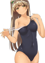 Rule 34 | 1girl, blush, breasts, brown eyes, brown hair, cleavage, covered navel, cowboy shot, long hair, looking at viewer, love live!, love live! school idol project, medium breasts, minami kotori, nanasumi (pantie party project), off shoulder, one-piece swimsuit, one side up, school swimsuit, simple background, smile, solo, strap pull, swimsuit, very long hair, white background