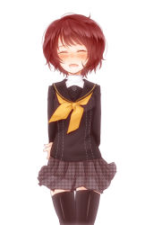 Rule 34 | 1girl, alternate hair length, alternate hairstyle, arms behind back, atlus, closed eyes, k-a-i, kujikawa rise, open mouth, persona, persona 4, red hair, school uniform, serafuku, short hair, simple background, skirt, smile, solo, thighhighs, white background