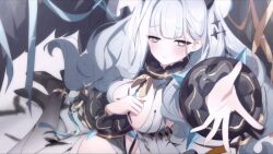 Rule 34 | 1girl, animated, animated gif, black wings, blush, eve (eversoul), eversoul, feathers, game cg, grey eyes, hand on own chest, horns, long hair, non-web source, official art, reaching, reaching towards viewer, white hair, wings