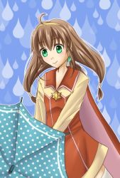 Rule 34 | 1girl, ahoge, artist request, blush, brown hair, cape, coat, green eyes, hair ornament, hairband, hexagram, lilka eleniak, long hair, low-tied long hair, open mouth, sidelocks, skirt, smile, solo, source request, thighhighs, twintails, umbrella, white thighhighs, wild arms, wild arms 2
