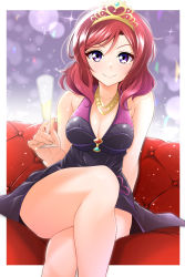 Rule 34 | 1girl, bare legs, bare shoulders, blush, border, breasts, champagne flute, cleavage, commentary request, couch, crossed legs, cup, dress, drinking glass, highres, holding, holding cup, jewelry, kirisaki reina, looking at viewer, love live!, love live! school idol project, medium breasts, medium hair, necklace, nishikino maki, on couch, purple dress, purple eyes, red hair, sitting, sleeveless, sleeveless dress, smile, solo, sparkle, thighs, tiara, white border