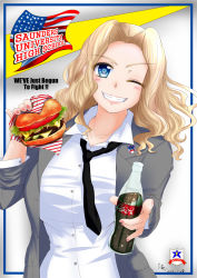 Rule 34 | 10s, 1girl, 2016, ;d, american flag, bad id, bad pixiv id, blonde hair, blue eyes, blush, breasts, burger, coca-cola, dated, english text, food, girls und panzer, glass bottle, highres, ibara azuki, kay (girls und panzer), keiazu, lettuce, nail polish, necktie, one eye closed, open mouth, pickle, smile, solo, teeth, tomato, united states, wink