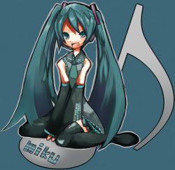 Rule 34 | boots, detached sleeves, green eyes, green hair, hamamo, hatsune miku, headphones, long hair, lowres, miniskirt, necktie, simple background, sitting, skirt, solo, thigh boots, thighhighs, twintails, very long hair, vocaloid, zettai ryouiki