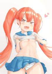 Rule 34 | 1girl, blush, breasts, clothes lift, cowboy shot, fang, from below, gluteal fold, gradient background, heart, highres, jade tadashi, lifted by self, long hair, looking at viewer, looking down, navel, open mouth, orange eyes, orange hair, panties, pantyshot, pleated skirt, shirt, shirt lift, short sleeves, skirt, skirt lift, small breasts, standing, twintails, ueno-san wa bukiyou, ueno (ueno-san wa bukiyou), underwear, v-shaped eyebrows, white panties, white shirt, wind, wind lift