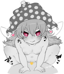 Rule 34 | 1boy, 1girl, bad id, bad twitter id, breasts, censored, clownpiece, fairy wings, girl on top, greyscale, gyuunyuu jirou, hair between eyes, hat, heart, heart censor, hetero, highres, jester cap, licking lips, long hair, looking at viewer, monochrome, nipples, nude, pink eyes, polka dot, puffy nipples, sex, simple background, small breasts, solo focus, spoken heart, spot color, spread legs, star-shaped pupils, star (symbol), sweat, symbol-shaped pupils, thick eyebrows, tongue, tongue out, touhou, vaginal, white background, wings