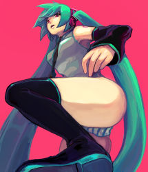 Rule 34 | 1girl, aqua hair, ass, detached sleeves, female focus, hatsune miku, headphones, kint, long hair, necktie, panties, red eyes, simple background, solo, striped clothes, striped panties, thighhighs, twintails, underwear, very long hair, vocaloid