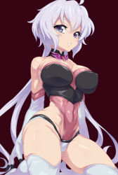 Rule 34 | 1girl, ahoge, blush, breasts, covered erect nipples, covered navel, elbow gloves, gloves, highleg, highleg leotard, impossible clothes, kneeling, large breasts, leotard, light purple hair, long hair, looking at viewer, low twintails, parted lips, pink leotard, purple eyes, scrunchie, senki zesshou symphogear, shiny clothes, shiny skin, skin tight, solo, thighhighs, twintails, uganda (ugandam 00), white thighhighs, yukine chris