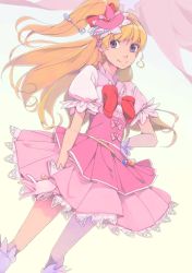 Rule 34 | 1girl, akinbo (hyouka fuyou), asahina mirai, blonde hair, bow, bowtie, corset, cure miracle, dutch angle, earrings, floating hair, gloves, hand on own hip, hat, high ponytail, highres, jewelry, long hair, looking at viewer, magical girl, mahou girls precure!, pink hat, pink skirt, pleated skirt, precure, purple eyes, red bow, red bowtie, shirt, short sleeves, side ponytail, simple background, skirt, smile, solo, standing, very long hair, white background, white gloves, white shirt, witch hat