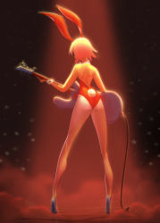 Rule 34 | 1girl, absurdres, animal ears, ass, bad proportions, blonde hair, rabbit ears, rabbit tail, butt cheek, chwee, facing away, fake animal ears, female focus, flcl, full body, guitar, haruhara haruko, high heels, highres, instrument, kneepits, legs, legs apart, leotard, long legs, pantyhose, playboy bunny, red background, red leotard, short hair, solo, standing, tail, wrist cuffs