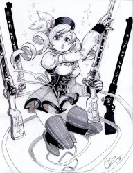 Rule 34 | 10s, 1girl, alex ahad, boots, breasts, corset, detached sleeves, drill hair, fingerless gloves, full body, gloves, greyscale, gun, hat, highres, jumping, knee boots, long hair, magical girl, magical musket, mahou shoujo madoka magica, mahou shoujo madoka magica (anime), miniskirt, monochrome, open mouth, sketch, skirt, solo, sparkle, striped clothes, striped thighhighs, thighhighs, tomoe mami, twin drills, vertical-striped clothes, vertical-striped thighhighs, weapon