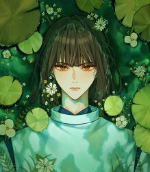 Rule 34 | 1boy, 88yuushin, artist name, black hair, blue shirt, blunt bangs, closed mouth, detached sleeves, flower, green eyes, green flower, haku (sen to chihiro no kamikakushi), highres, japanese clothes, leaf, long sleeves, looking at viewer, looking up, lying, male focus, on back, river, sen to chihiro no kamikakushi, shirt, short hair, solo, v-shaped eyebrows, vest, water, watermark, white flower, white vest, yellow flower