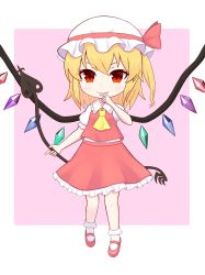 Rule 34 | 1girl, ascot, blonde hair, bobby socks, bow, chibi, closed mouth, commentary request, crystal, eyebrows hidden by hair, fang, fang out, flandre scarlet, frilled shirt collar, frills, full body, hair between eyes, hand to own mouth, hat, hat bow, highres, holding, holding weapon, laevatein (touhou), light blush, looking at viewer, mary janes, mob cap, one side up, petticoat, puffy short sleeves, puffy sleeves, red bow, red eyes, red skirt, red vest, shoes, short hair, short sleeves, skirt, smile, socks, solo, standing, touhou, toyomagorilla, vest, weapon, white hat, wings, yellow ascot