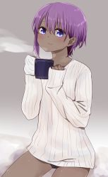 Rule 34 | 1girl, black panties, blush, closed mouth, cup, dark-skinned female, dark skin, fate/prototype, fate/prototype: fragments of blue and silver, fate (series), grey background, hair between eyes, hands up, hassan of serenity (fate), highres, holding, holding cup, i.u.y, long sleeves, mug, panties, purple eyes, purple hair, ribbed sweater, sitting, sleeves past wrists, smile, solo, steam, sweater, underwear, white sweater