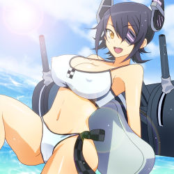 Rule 34 | 10s, 1girl, bikini, breasts, cleavage, covered erect nipples, eyepatch, female focus, gradient background, headgear, kantai collection, large breasts, machinery, masako (sabotage-mode), navel, purple hair, short hair, smile, solo, swimsuit, tenryuu (kancolle), turret, turrete, water, yellow eyes