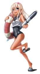 Rule 34 | 10s, 1girl, blonde hair, blue eyes, character name, covered navel, crop top, flower, hair flower, hair ornament, japanese flag, kantai collection, lifebuoy, long hair, one-piece swimsuit, one-piece tan, open mouth, ro-500 (kancolle), running, sailor collar, sandals, school swimsuit, solo, swim ring, swimsuit, swimsuit under clothes, tan, tanline, torpedo, yui hiroshi