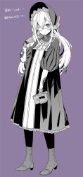 Rule 34 | 1girl, bad id, bad twitter id, bible (object), bonnet, dress, eyepatch, gloves, greyscale, greyscale with colored background, highres, long hair, looking at viewer, monochrome, original, parted lips, purple background, sakiyo cake, simple background, solo, translation request
