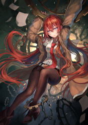 Rule 34 | 1girl, absurdres, arms up, belt, black footwear, black pantyhose, blue eyes, boots, breasts, collared shirt, gears, highres, jacket, long hair, long sleeves, looking at viewer, makise kurisu, medium breasts, necktie, off shoulder, okuma mai, pantyhose, pantyhose under shorts, paper, red hair, shirt, short shorts, shorts, signature, solo, steins;gate, white shirt