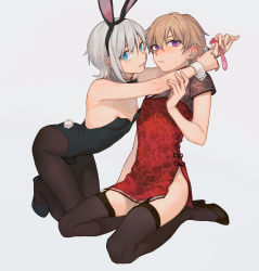 Rule 34 | 2boys, androgynous, animal ears, artist request, blonde hair, blue eyes, blush, bow, bowtie, bulge, rabbit ears, rabbit tail, china dress, chinese clothes, condom, crossdressing, detached collar, dress, earrings, fake animal ears, jewelry, leotard, male playboy bunny, multiple boys, original, pantyhose, playboy bunny, short hair, smile, tail, thighhighs, trap