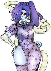 Rule 34 | 1girl, animal print, bat print, blue skin, breasts, china dress, chinese clothes, colored skin, dress, hair over one eye, highres, ponytail, skullgirls, squigly (skullgirls), stitched mouth, stitches, superfulsoup, thighhighs, zombie