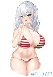 Rule 34 | 1girl, bikini, blue eyes, breasts, cleavage, cropped legs, grey hair, kantai collection, kashima (kancolle), large breasts, long hair, lowleg, lowleg bikini, one-hour drawing challenge, red bikini, sidelocks, simple background, solo, striped bikini, striped clothes, swimsuit, tf cafe, twintails, twitter username, wavy hair, white background