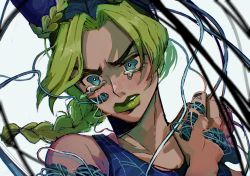 Rule 34 | &gt;:(, 1girl, angry, black hair, braid, braided ponytail, clenched teeth, crying, crying with eyes open, double bun, green eyes, green hair, green lips, hair bun, hand on own shoulder, highres, jojo no kimyou na bouken, kuujou jolyne, lipstick, makeup, medium hair, multicolored hair, natchan blue (nanairopenki), open mouth, solo, stone free, string, tank top, tears, teeth, two-tone hair, unraveling, v-shaped eyebrows, wavy eyes