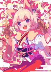 Rule 34 | 1girl, absurdres, animal ears, animal hands, blush, chinese zodiac, commentary, dog ears, dog tail, flower, gloves, hair flower, hair ornament, hands up, highres, japanese clothes, kimono, multicolored background, new year, nishinoda, orange hair, original, paw gloves, paw pose, purple eyes, red skirt, short hair, skirt, solo, tail, white kimono, wide sleeves, year of the dog, yukata