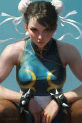 Rule 34 | 1girl, absurdres, artist name, asymmetrical bangs, bare shoulders, black hair, blue background, blue dress, bracelet, breasts, brown eyes, brush stroke, bun cover, capcom, china dress, chinese clothes, chun-li, closed mouth, cowboy shot, dated, double bun, dress, earrings, eyelashes, hair bun, hair ribbon, highres, jewelry, jinglin xu, lips, looking at viewer, medium breasts, nose, own hands together, painterly, pantyhose, parted hair, pearl earrings, pelvic curtain, realistic, ribbon, serious, short hair, sidelighting, simple background, sleeveless, sleeveless dress, solo, spiked bracelet, spikes, spread legs, squatting, straight-on, street fighter, sunlight, swept bangs, white ribbon