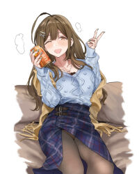 Rule 34 | 1girl, ;d, ahoge, alcohol, beer, beer can, black pantyhose, blue skirt, blush, brown eyes, brown hair, can, collarbone, drink can, hamedoragon, holding, holding can, huge ahoge, idolmaster, idolmaster shiny colors, kuwayama chiyuki, long hair, looking at viewer, nail polish, one eye closed, open mouth, panties, panties under pantyhose, pantyhose, pantyshot, plaid, plaid skirt, side slit, sitting, skirt, sleeves past wrists, smile, solo, sweater, underwear, v