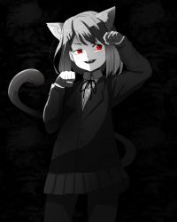 Rule 34 | 1girl, animal ears, bad id, bad twitter id, black background, cat ears, commentary, cowboy shot, english commentary, fangs, gesugao, glowing, glowing eyes, grey background, greyscale, hair ornament, hairclip, highres, hirasawa yui, k-on!, kemonomimi mode, looking to the side, monochrome, pantsu shot, pantyhose, patterned background, paw pose, pleated skirt, red eyes, red theme, ribbon, sakuragaoka high school uniform, school uniform, short hair, simple background, skirt, solo, spot color, tail, teeth, upper body