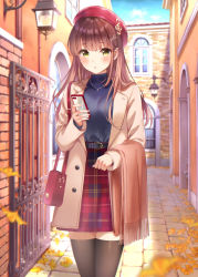 Rule 34 | 1girl, autumn, autumn leaves, bag, beret, black thighhighs, blue sky, blush, breasts, brown coat, brown hair, brown scarf, building, cellphone, cloud, coat, commentary, cowboy shot, day, fingernails, fortissimo, fringe trim, gate, ginkgo leaf, ginkgo tree, green eyes, hair ornament, handbag, hat, heart pendant, higeneko, holding, holding phone, jewelry, leaf, long hair, long sleeves, looking at viewer, musical note, musical note hair ornament, open clothes, open coat, original, outdoors, parted lips, pendant, phone, plaid, plaid skirt, purple shirt, red hat, red skirt, revision, scarf, shirt, shoulder bag, skirt, sky, sleeves past wrists, small breasts, smartphone, solo, standing, thighhighs, treble clef, turtleneck, wall lamp, window, zettai ryouiki