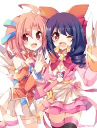 Rule 34 | + +, 2girls, ahoge, bare shoulders, black legwear, blue ribbon, blush, bow, breasts, cleavage, cleavage cutout, clothing cutout, detached sleeves, dress, fang, hair ornament, jacket, long sleeves, looking at viewer, magical girl, magical star saki, multiple girls, one eye closed, open mouth, pink dress, pink hair, pleated skirt, raira april, red bow, red eyes, red jacket, rento (rukeai), ribbon, saikyou ginga ultimate zero ~battle spirits~, skirt, smile, star (symbol), thighhighs, twintails, v, white skirt