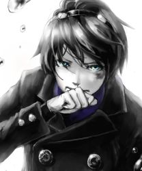 Rule 34 | 1girl, black hair, blue eyes, bruise, coat, female focus, hairband, highres, injury, looking at viewer, monochrome, persona, persona 2, scarf, serious, short hair, solo, spot color, white background, y (pixiv1616946), yoshizaka anna