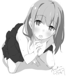 Rule 34 | 1girl, arm support, artist name, blurry, blush, breasts, commentary request, dated, depth of field, fellatio gesture, full body, greyscale, long hair, looking at viewer, medium breasts, monochrome, nipples, original, pleated skirt, shadow, sitting, skirt, solo, sweat, tabata hisayuki, tongue, tongue out, topless