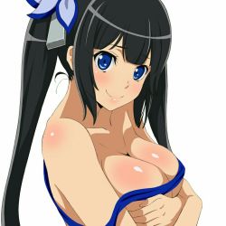 Rule 34 | 1girl, anime coloring, black hair, blue eyes, breast hold, breasts, cleavage, covering privates, covering breasts, dungeon ni deai wo motomeru no wa machigatteiru darou ka, hair ornament, hestia (danmachi), large breasts, long hair, looking at viewer, ribbon, simple background, smile, solo, twintails, upper body, wakusei-planet, white background
