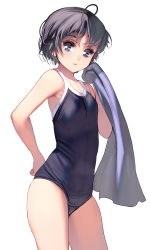Rule 34 | 1girl, absurdres, ahoge, black hair, blue eyes, blue one-piece swimsuit, breasts, chestnut mouth, competition school swimsuit, covered navel, grey hair, hand on own hip, highres, holding, kouno (masao), looking at viewer, one-piece swimsuit, original, photoshop (medium), revision, school swimsuit, short hair, simple background, small breasts, solo, swimsuit, towel, white background