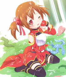 Rule 34 | 10s, 1girl, ayakashi (monkeypanch), black thighhighs, brown hair, chest plate, detached sleeves, dragon, fingerless gloves, gloves, grass, highres, looking at viewer, one eye closed, pina (sao), pleated skirt, red eyes, sexually suggestive, silica, sitting, skirt, suggestive fluid, sword art online, thighhighs, twintails, wariza, wet, wet clothes, zettai ryouiki