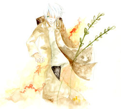 Rule 34 | 1boy, artist request, ginko, lowres, makoto (fractal), male focus, mushishi, solo, white background, white hair
