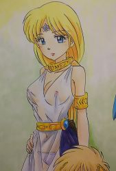 Rule 34 | 2girls, armband, ashigaki radar, blonde hair, blue eyes, blue panties, breasts, cleavage, collarbone, dragon quest, dragon quest dai no daibouken, hand on own hip, highres, large breasts, long hair, looking at viewer, multiple girls, navel, nipples, panties, ponytail, queen flora, see-through, standing, underwear