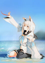 Rule 34 | 1girl, ahoge, animal ear fluff, animal ears, black shorts, black thighhighs, blue neckerchief, blurry, blurry background, braid, breasts, commentary request, detached sleeves, earrings, fox ears, fox girl, fox tail, green eyes, hair between eyes, highres, hololive, hood, hoodie, jewelry, long hair, neckerchief, outstretched arm, retrocreature, seiza, shirakami fubuki, shirakami fubuki (1st costume), short shorts, shorts, sidelocks, simple background, single braid, single thighhigh, sitting, small breasts, solo, tail, thigh strap, thighhighs, virtual youtuber, white hair, white hoodie