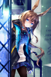 Rule 34 | 1girl, amiya (arknights), animal ears, arknights, black jacket, black pantyhose, blue eyes, blue neckwear, blue skirt, blush, brooch, brown hair, commentary request, cowboy shot, hair between eyes, hand up, head tilt, jacket, jewelry, kabocha usagi, long hair, long sleeves, looking at viewer, miniskirt, neck ring, open clothes, open jacket, pantyhose, parted lips, rabbit ears, shirt, skirt, solo, standing, thighs, white shirt