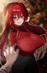 Rule 34 | 1girl, absurdres, ahoge, black pants, blue eyes, blush, breasts, grin, high school dxd, highres, holding hands, large breasts, long hair, long sleeves, looking at viewer, pants, red hair, red sweater, rias gremory, sidelocks, smile, solo focus, sweater, tofuubear, turtleneck, turtleneck sweater