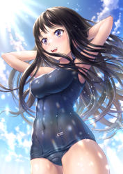 Rule 34 | 1girl, black hair, blue one-piece swimsuit, blue sky, breasts, cloud, covered navel, cowboy shot, day, highres, inoue takina, long hair, lycoris recoil, medium breasts, old school swimsuit, one-piece swimsuit, outdoors, purple eyes, school swimsuit, sky, smile, solo, standing, sun, swimsuit, toyo (wlz7370), water