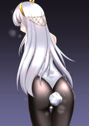 Rule 34 | 1girl, absurdres, anastasia (fate), black pantyhose, blue eyes, embarrassed, fate/grand order, fate (series), gradient background, hair between eyes, hairband, highres, leaning forward, leotard, long hair, looking at viewer, looking back, pantyhose, playboy bunny, rabbit tail, selvalanch, silver hair, solo, standing, tail, thong leotard, very long hair, wedgie, white leotard, yellow hairband