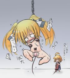 Rule 34 | 2girls, = =, bdsm, blonde hair, blush, bondage, bound, fairy, gradient background, kso, meyuu (kso), multiple girls, nipple clamps, nipples, nude, original, pointy ears, sex toy, smile, spread legs, suspension, twintails, vibrator