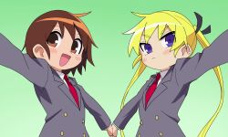 Rule 34 | 2girls, blonde hair, blush, brown eyes, brown hair, closed mouth, collared shirt, green background, hair ribbon, highres, holding hands, jacket, kill me baby, long hair, long sleeves, looking at viewer, multiple girls, necktie, open mouth, oribe yasuna, purple eyes, red necktie, ribbon, school uniform, shirt, sonya (kill me baby), twintails, upper body, white shirt, yachima tana